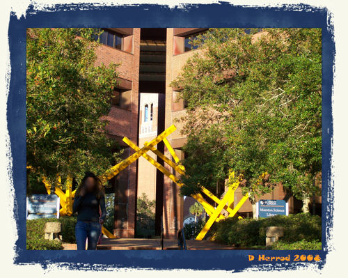 Statue in front or maybe it is the backside of the Marsden Science Library.