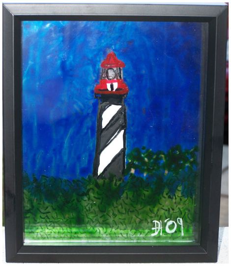 Painted on 2 layers of glass.  Each layer has a differant element of the painting.