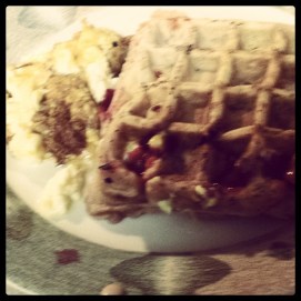 Cherry Cheesecake Waffles -- Sorry the picture is blurry. I was hungry.
