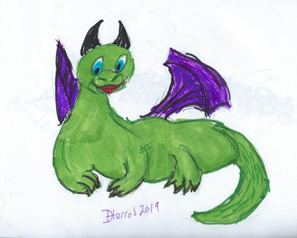 Green with purple winged dragon cartoon.