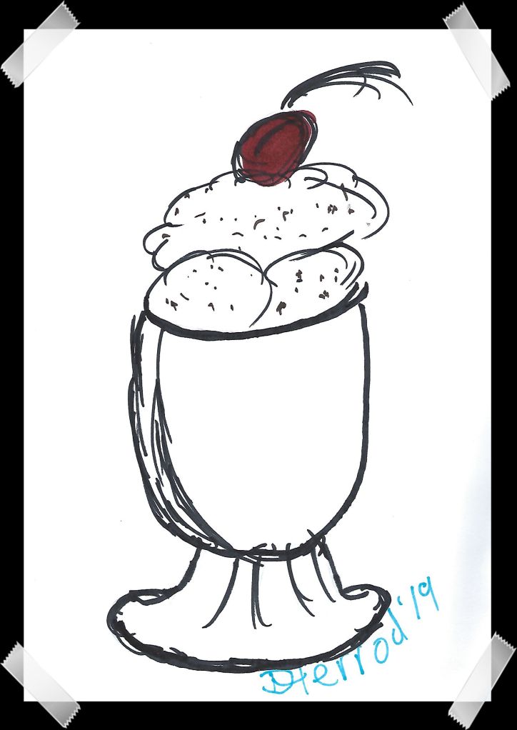 Ink drawing of an ice cream sunde with a cherry on the top.