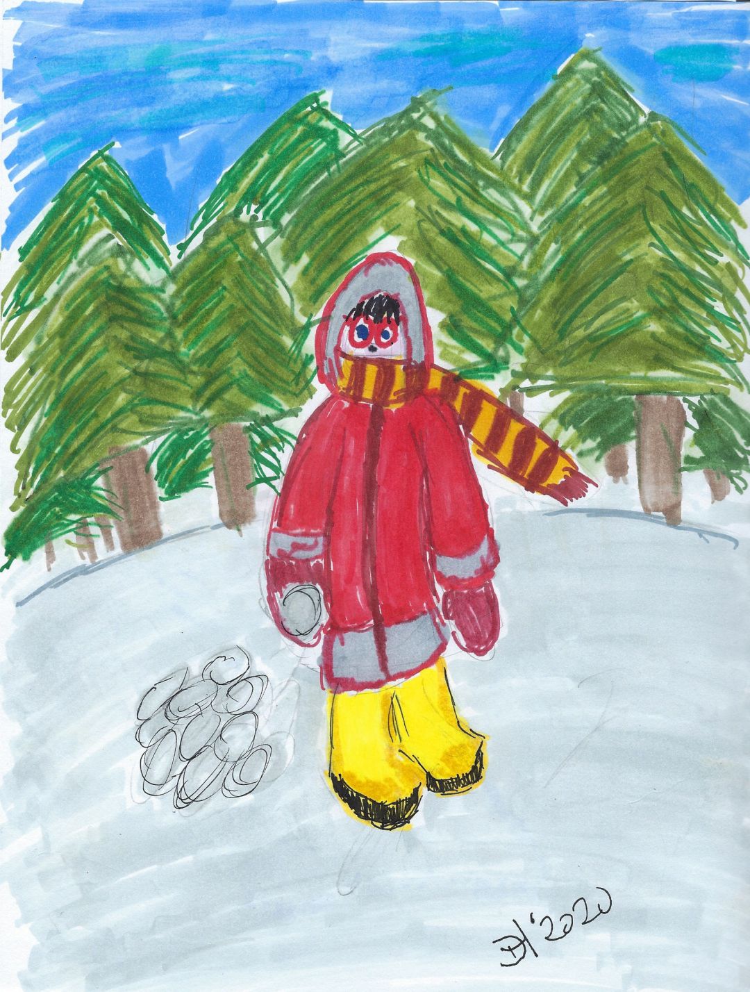 Kid playing in the snow. Wearing a big ole jacket.